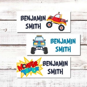 Monster Truck Name Labels | 30 Personalized Waterproof Vinyl Stickers for Boys | Daycare, school, camp stickers