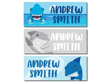 Etiquetas personalizadas con nombres de tiburones, pegatinas impermeables con temática oceánica, útiles escolares para la vuelta al cole.