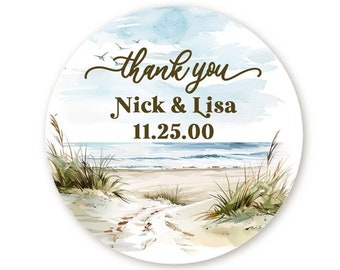 Ocean Beach Stickers, Personalized Watercolor Ocean Waves Wedding Favor Labels, Summer Thank You Stickers