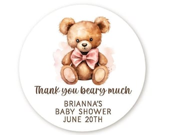 We Can Bearly Wait Stickers, Teddy Bear Girl Pink Baby Shower Favors, Thank You Beary Much Baby Shower Sticker, Bear Themed Round Label