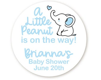 Little Peanut on the way Elephant Boy Baby Shower Round Stickers, Blue Elephant Party, Thank You For Celebrating My Baby Shower Stickers