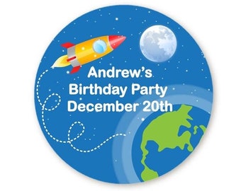 Rocketship Birthday Party Favor Stickers, Personalized Outer Space Labels