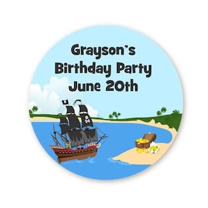Stickers cadeaux pour fête d&#39;anniversaire bateau pirate, étiquettes joyeux anniversaire, étiquettes cadeaux personnalisées, stickers ronds personnalisés