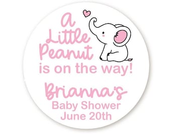 Little Peanut on the way Elephant Girl Baby Shower Round Stickers, Pink Elephant Party, Thank You For Celebrating My Baby Shower Stickers