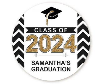 Black & Gold Chevron Graduation Stickers, Personalized Grad Party Favor Label, Graduation Party Thank You Stickers, Graduation Class of 2024