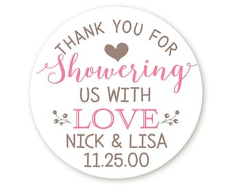 Thank You For Showering Us With Love Bridal Shower Stickers, Thank You Stickers, Wedding Favor Sticker Labels, Personalized Party Favors