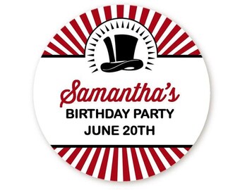 May include: Red and white striped circle with a black top hat and the text "Samantha's Birthday Party June 20th".
