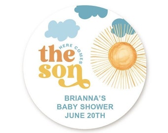 Here Comes the Son Baby Shower Stickers, Boy Favor Stickers, Thank You Stickers Baby Shower Favors, Sunshine Party, Round Stickers for Favor