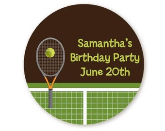Tennis Birthday Party Favor Stickers, Personalized Round Labels