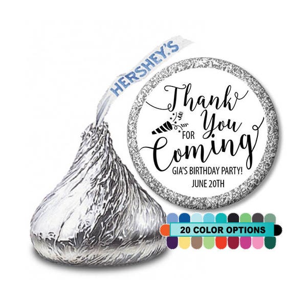 Thank You For Coming - Personalized Round Birthday Party Hershey Kiss Sticker Labels -  Birthday Party Candy Labels - 108 Hershey Kisses