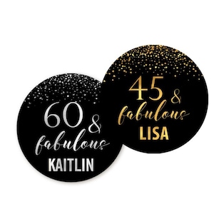 30, 40, 50, 60 Fabulous Adult Birthday Party Favors, Birthday Party Favor Stickers, Custom Milestone Sticker, Black Gold Confetti Sprinkles