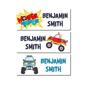 Monster Truck Name Labels, Name Tag Stickers, Waterproof Labels for Kids Daycare, Vinyl Name Stickers for Kids School Labels