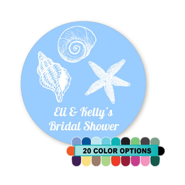 Sea Shells - Personalized Round Bridal Shower / Wedding Sticker Labels -  - 20 Background Colors