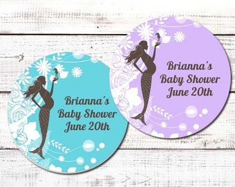 Pregnant Mermaid - Personalized Round Baby Shower Sticker Labels - Mermaid Baby Shower Stickers Under the Sea Baby