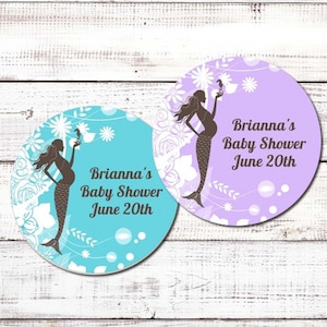 Pregnant Mermaid - Personalized Round Baby Shower Sticker Labels - Mermaid Baby Shower Stickers Under the Sea Baby