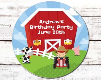 Farm Boy Personalized Round Birthday Party Sticker Labels