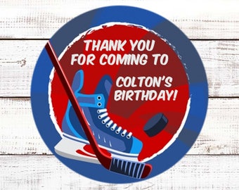 Hockey Personalized Round Birthday Party Sticker Labels - Hockey Skates Birthday Party Sticker Label