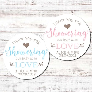 Thank You For Showering Our Baby With Love Personalized Round Baby Shower Sticker Labels -Showering Baby With Love Round Labels