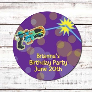 Laser Tag Personalized Round Birthday Party Sticker Labels image 1