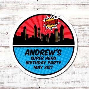 Calling All Superheroes Personalized Round Birthday Party Sticker Labels image 1