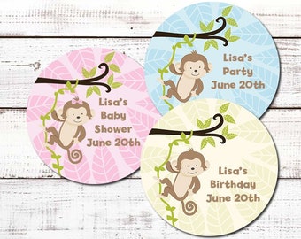 Monkey Baby Shower and Birthday Party Supplies- Personalized Round Sticker Labels - Monkey Blue Label , Monkey Pink Label , Monkey Green
