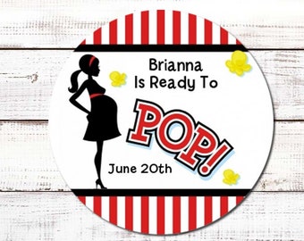 Ready To Pop® Red- Personalized Round Baby Shower Sticker Labels - About To Pop® Baby Shower Stickers