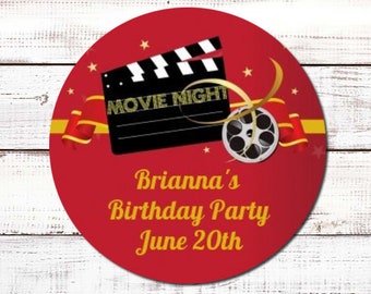 Movie Night - Personalized Round Birthday Party Sticker Labels
