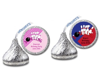 Bowling Party - Birthday Party Personalized Hershey Kiss Stickers - Party Chocolate Favor Labels - 108 stickers per sheet