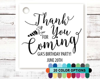 Thank You For Coming - Personalized Birthday Party Square Favor Tags - Confetti Favor Tags - Two Inch Birthday Party Tags - 20 Tags