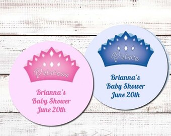 Princess Crown Stickers | Prince Crown Stickers | Crown Personalized Round Baby Shower Sticker Labels