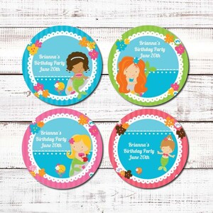 Mermaid Personalized Round Birthday Party Sticker Labels image 1