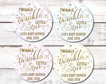 Twinkle Twinkle Little Star Gold Faux Glitter Personalized Round Baby Shower Sticker Labels