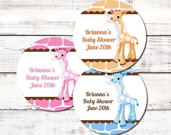 Giraffe Personalized Round Baby Shower Sticker Labels - Giraffe Birthday Party Stickers Giraffe Baby Shower