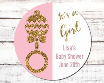 It's A Girl - Gold Glitter Rattle - Personalized Round Baby Shower Sticker Labels - Rattle Baby Shower Stickers