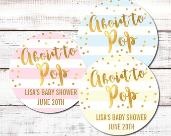 About To Pop® Personalized Round Baby Shower Sticker Labels - About To Pop® Faux Gold Stripes Round Sticker Labels