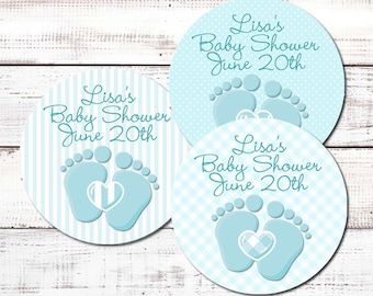 Oh Baby Blue Personalized Round Baby Shower Sticker Labels | Baby Feet Baby Shower Stickers | It's A Boy Sticker Label