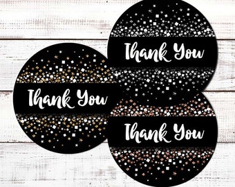 Gold and Black Faux Glitter Round Sticker Labels - Faux Rose Gold Stickers - Faux SIlver Gold Stickers - Thank You Bridal Shower Stickers
