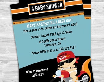 Motocicleta - Invitación de baby shower - PDF imprimible DIY caucásico o afroamericano