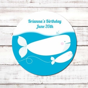 Whale of a Tale Personalized Round Birthday Party Sticker Labels image 1