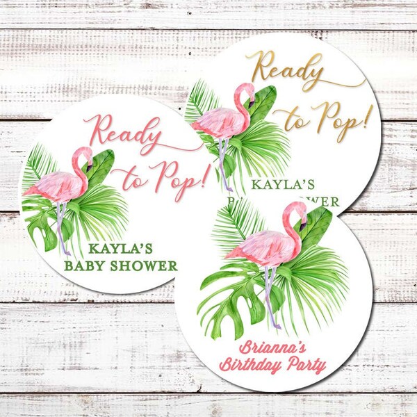 Ready To Pop® Flamingo Personalized Round Baby Shower Sticker Labels - Ready To Pop® Faux Gold Round Sticker Labels