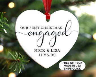 Engagement Christmas Heart Shape Ornament | Personalized First Christmas Keepsake | Engaged Christmas Gift 2024 | Gift for Couple Bride