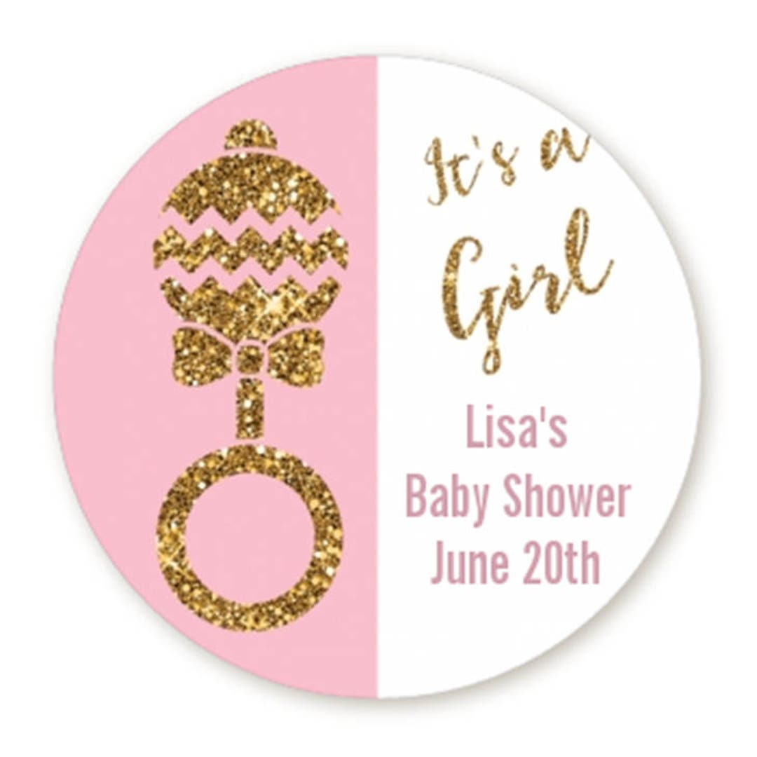It's A Girl Gold Glitter Rattle Personalized Round Baby Shower Sticker ...