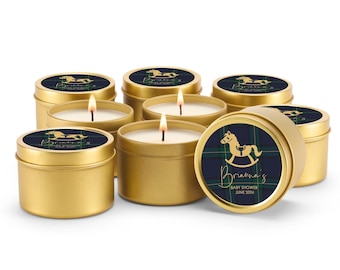 Rocking Horse Baby Favors, Blue Green Plaid Candles, Set of 10 4oz Candle Tins, Personalized Preppy Baby Shower Gift