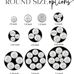 Puede incluir: Un gr&aacute;fico que muestra diferentes tama&ntilde;os de pegatinas redondas con fondo negro y monedas de cuarto de d&oacute;lar estadounidense plateadas. Los tama&ntilde;os se enumeran en pulgadas: 0,75, 1,0, 1,2, 1,5, 1,67, 2,0, 2,25, 2,50, 3,0 y 3,3.