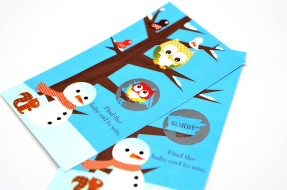 Owl - Winter Theme or Christmas - Baby Shower Scratch Off Game Pack of 20 Cards Il_570xn