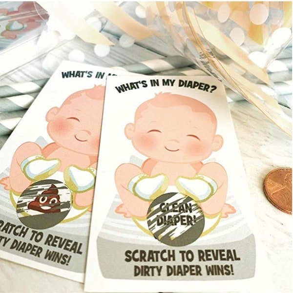 Juego de raspadito para baby shower "What's In My Diaper®" / 24 boletos de raspadito para baby shower / Rascador de pañales para baby shower / Idea de juego para baby shower
