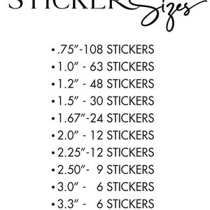 a list of stickers with the words stickers sizes