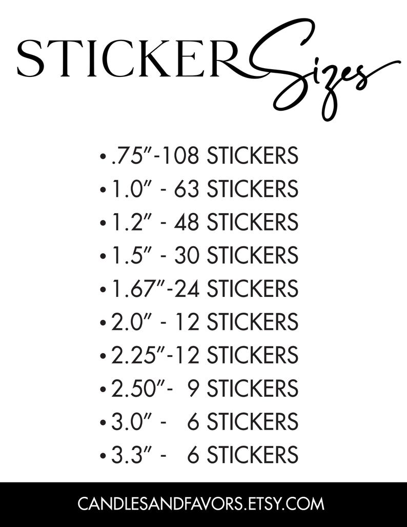 a list of stickers with the words stickers sizes