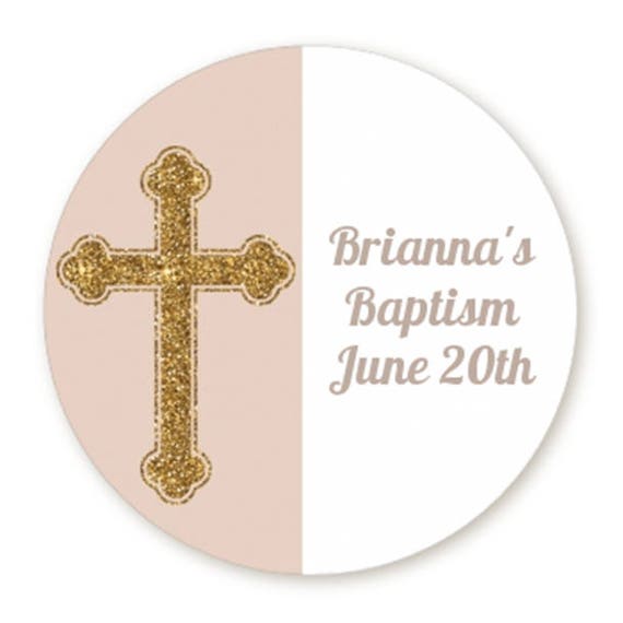 Gold Faux Glitter Cross Beige - Cross Personalized Circle Round Baptism / Christening Sticker Labels - Available in 10 Different Sizes Il_570xn