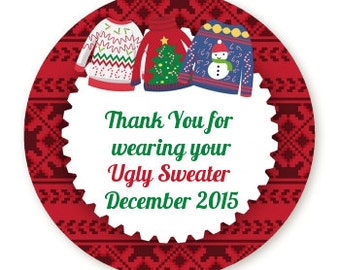 Ugly Sweater Party - Personalized Round Christmas Sticker Labels - Red Plaid Sweater Christmas Gift Sticker